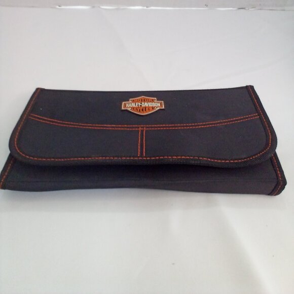 Handbags - Harley Davidson Clutch Wallet Tri-Fold Zipper Pocket 10.5" x 5" Black Orange
